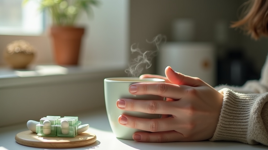 Lifestyle context: a person's hands in a warm wool sweater holding a steaming mu
