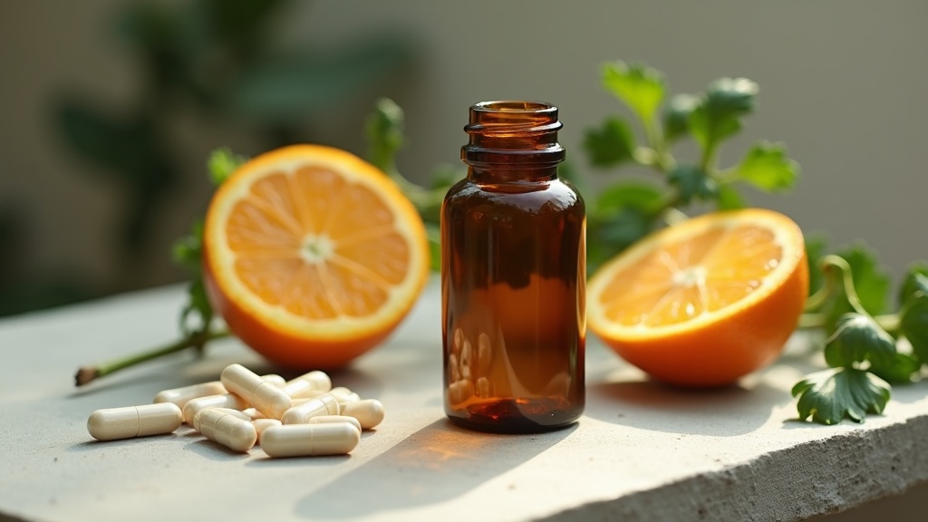 Close-up of an amber-glass supplement bottle with a small pile of white capsules