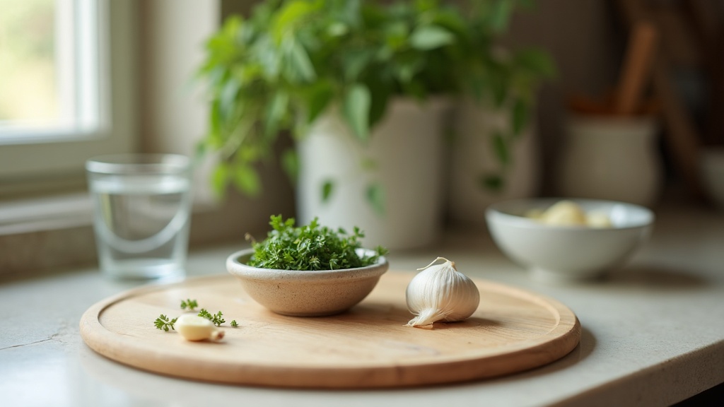 A quiet morning kitchen scene with a wooden cutting board, a small ceramic ramek