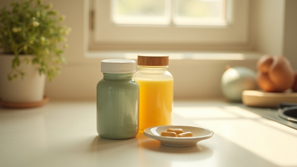 Lifestyle context still-life, eye-level on a sunlit kitchen counter: two distinc