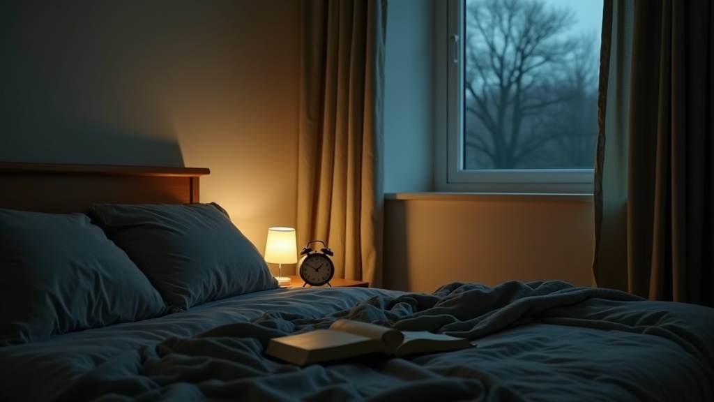 Quiet bedroom corner at 3 a.m. in low ambient light: a single dim bedside lamp c