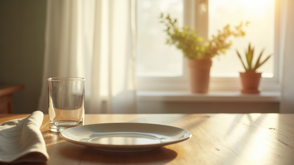 A clean minimal kitchen counter at sunrise with morning light angled across a wo