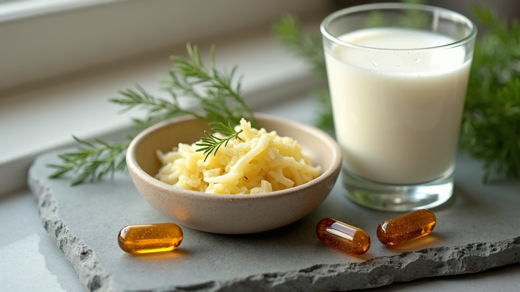 Close-up overhead shot of two opened amber capsules of probiotic powder beside a