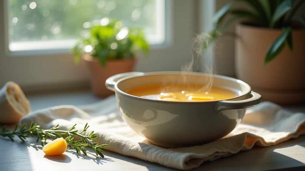 Lifestyle context shot of a small ceramic bowl of golden bone broth on a kitchen