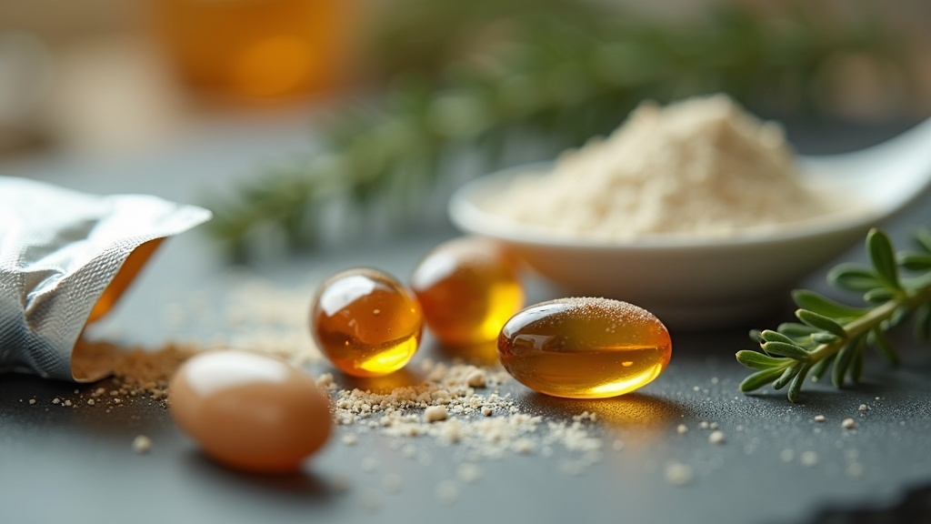 Tight macro close-up on a slate surface: three amber EPA-dominant fish oil softg