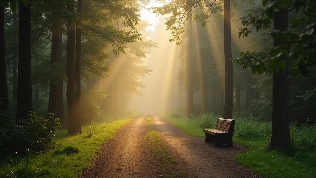 A quiet forested walking trail at dawn with low ground mist, soft golden sidelig