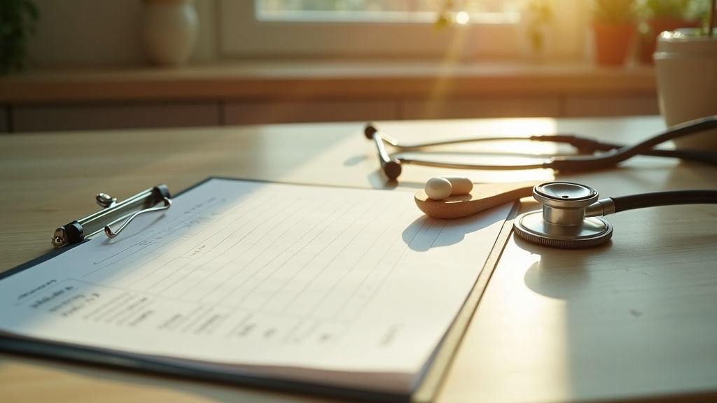 Lifestyle context still-life, eye-level on a sunlit kitchen counter: a doctor's