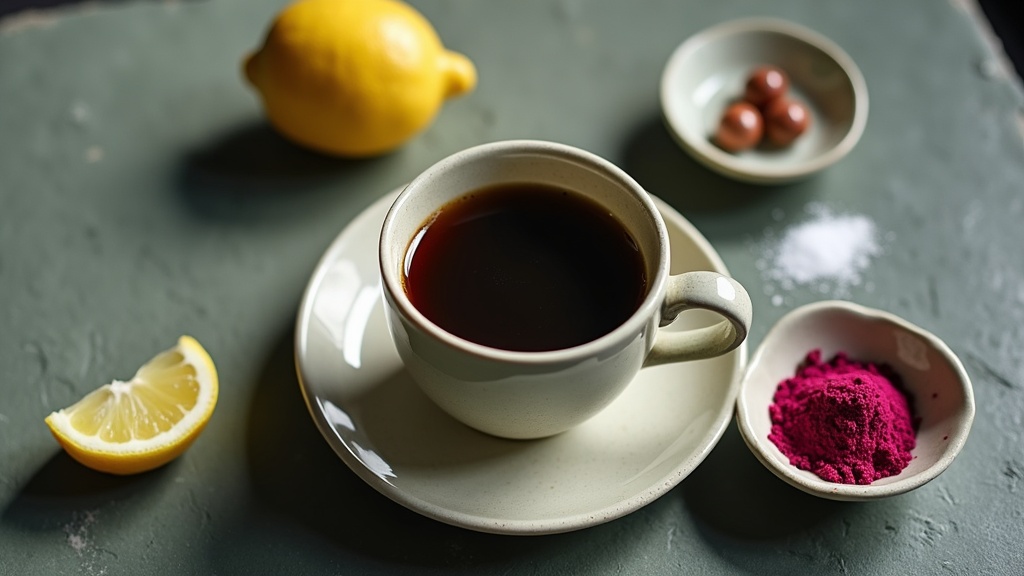 Overhead macro on a matte slate surface: a small espresso cup of dark coffee, a 