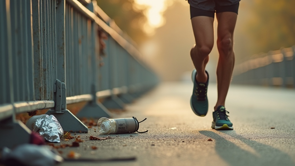 Lifestyle scene shot from waist down at a finish-line area in early morning ligh