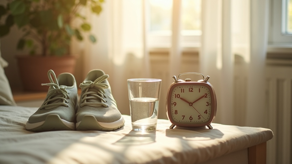 Lifestyle context still-life, eye-level on a sunlit bedside table: a glass of wa