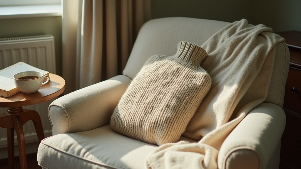 16:9 lifestyle scene in soft late-afternoon daylight: a hot water bottle in a kn