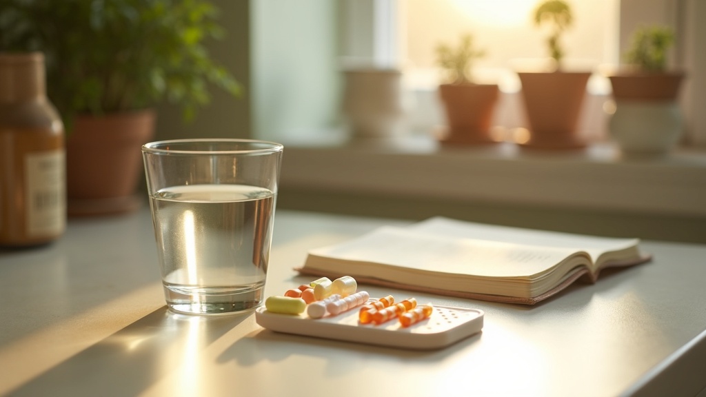 Lifestyle context still-life, eye-level on a sunlit kitchen counter: a glass of 