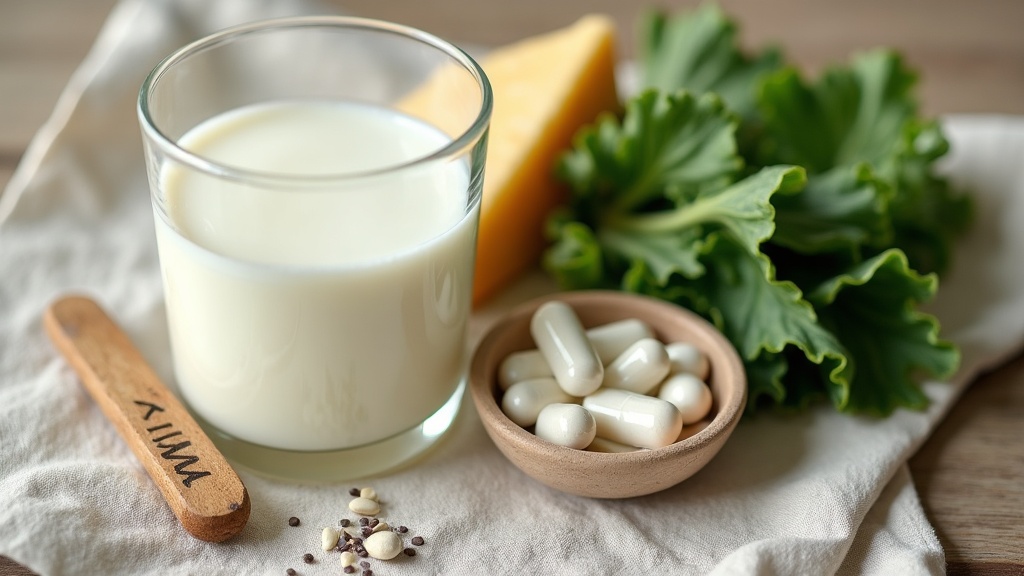 Overhead close-up of calcium-rich whole foods alongside a mineral supplement for