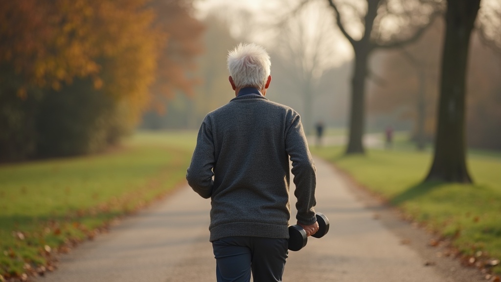 Lifestyle scene from behind: a person in late middle age in a charcoal sweater w