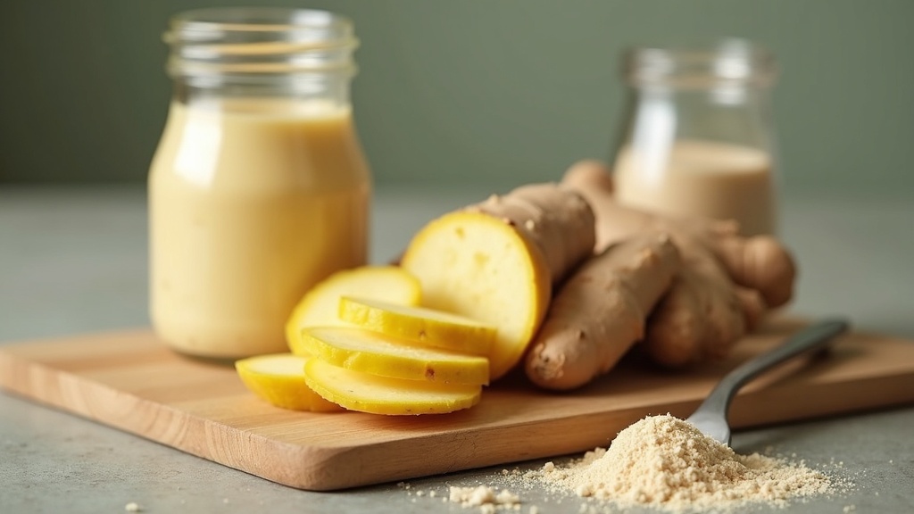 Close-up of fresh ginger root sliced on a wooden board, a small scoop of unflavo
