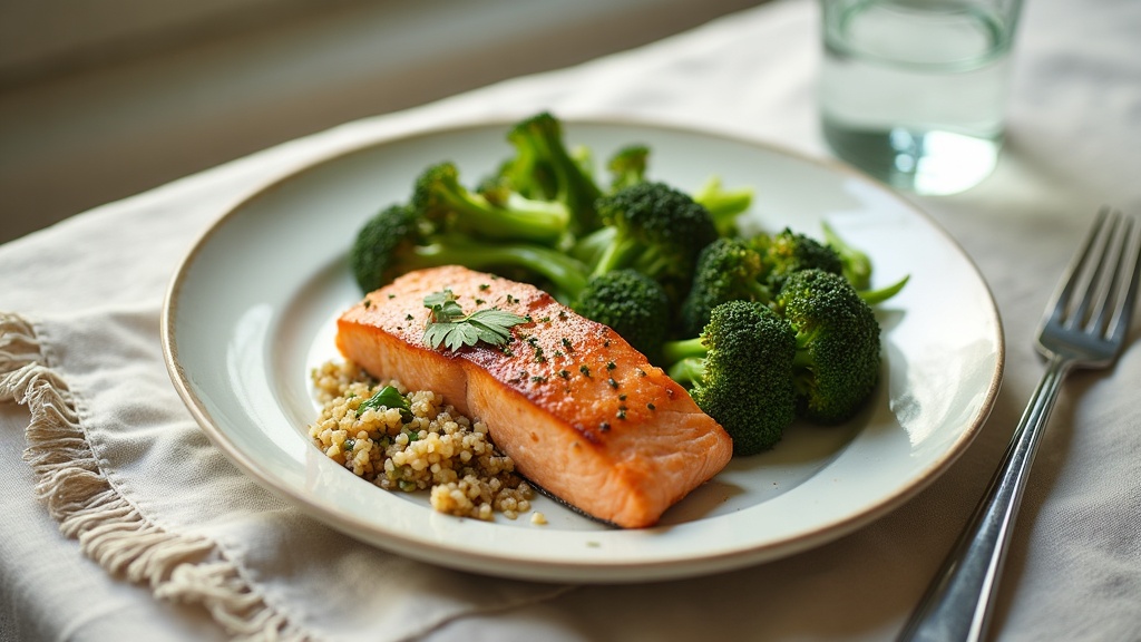 Overhead shot of a small portioned plate of grilled salmon, steamed broccoli, an