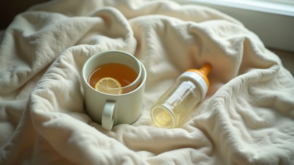 Lifestyle still life from above: an empty glass baby bottle resting on a folded 