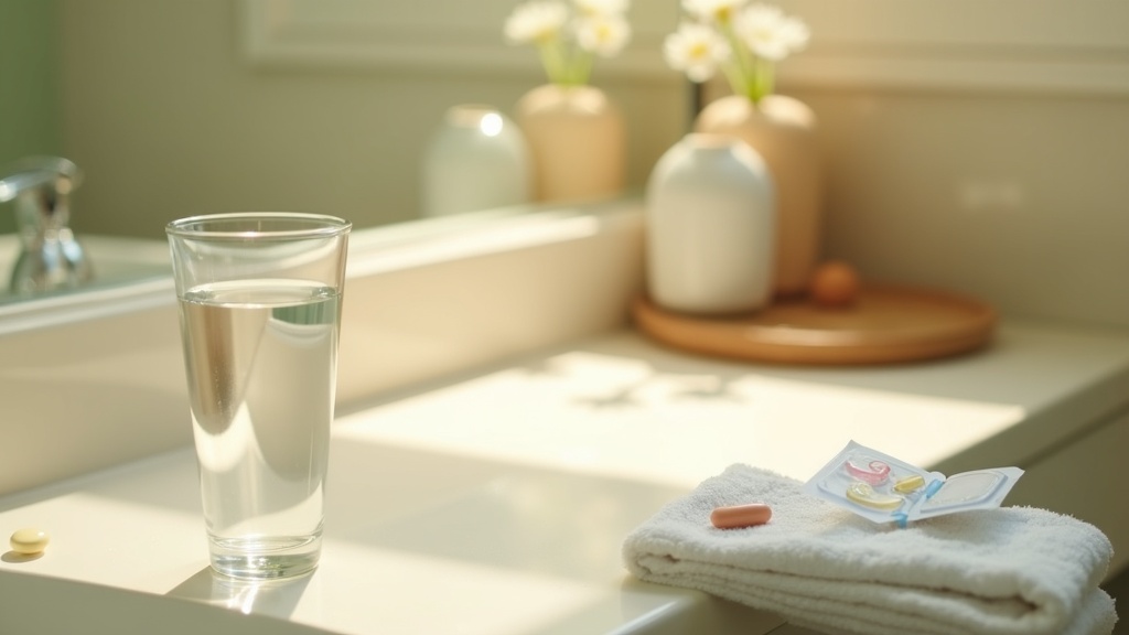 Lifestyle context still-life, eye-level on a sunlit bathroom counter: a glass of