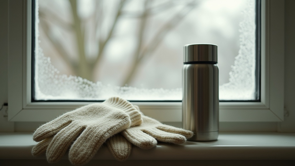 A pair of cream wool gloves and a stainless steel thermos resting on a winter wi