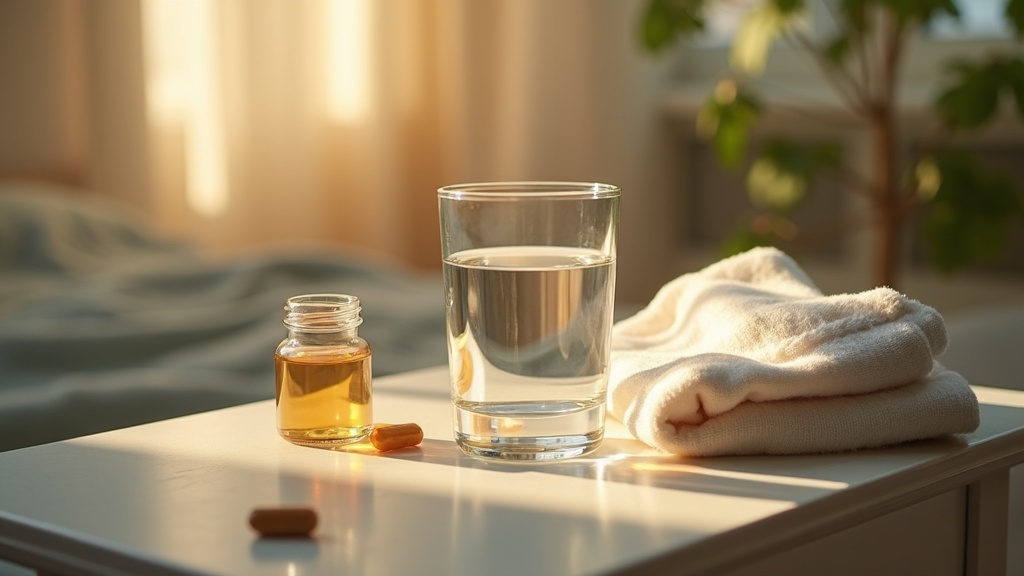 Lifestyle context still-life, eye-level on a sunlit bedside table at dusk: a gla