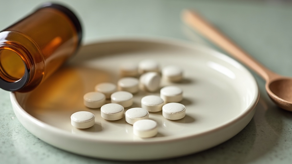 Close-up of a few small white melatonin tablets, a small pile of magnesium glyci