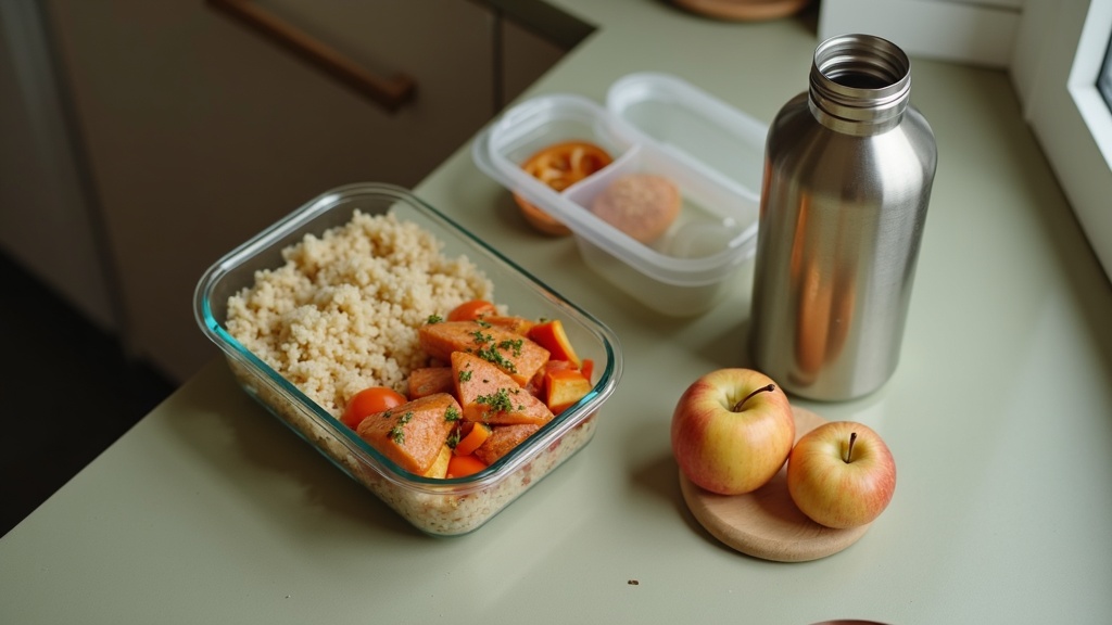Overhead documentary shot of a packed shift-worker meal on a kitchen counter, a