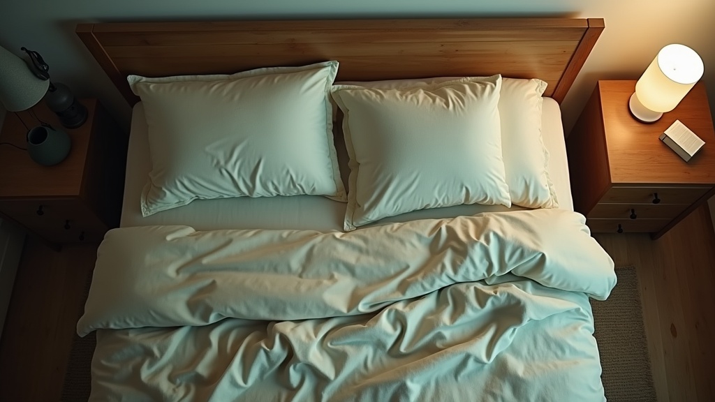 Overhead shot of an unmade bed with a single pillow and a rumpled linen sheet in