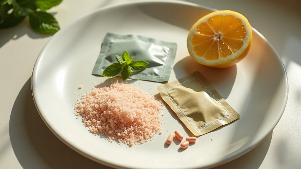 Tight overhead close-up on a pale ceramic plate: three torn electrolyte powder s