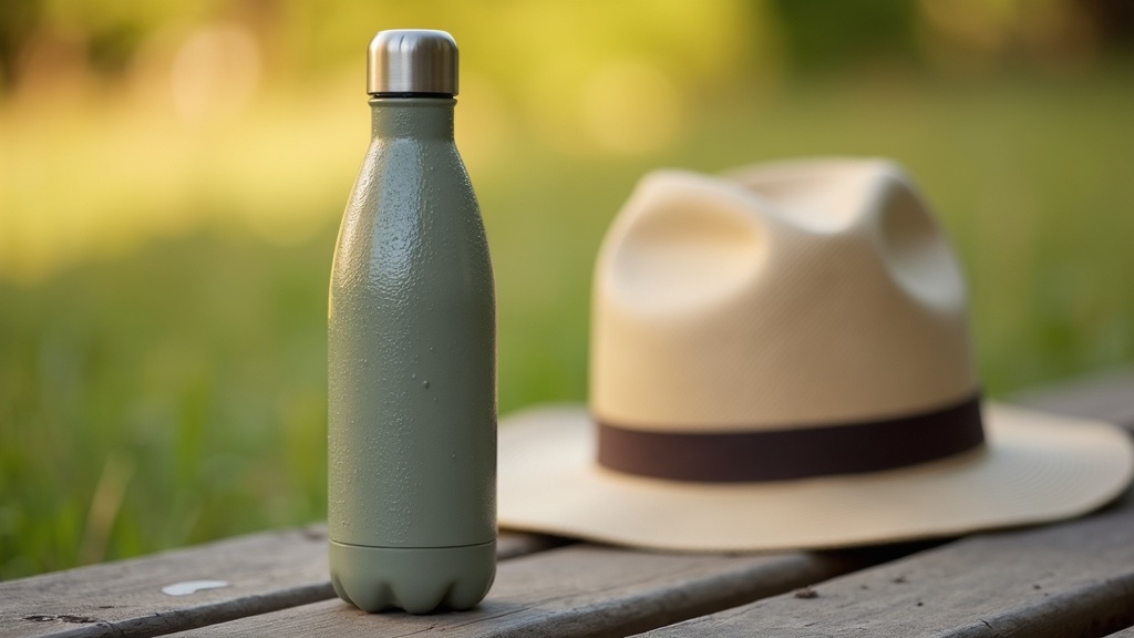 A condensation-beaded stainless steel water bottle resting on a worn wooden park