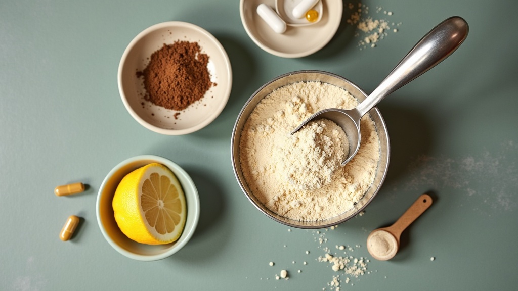 Overhead macro on a matte slate countertop: a stainless scoop of vanilla protein