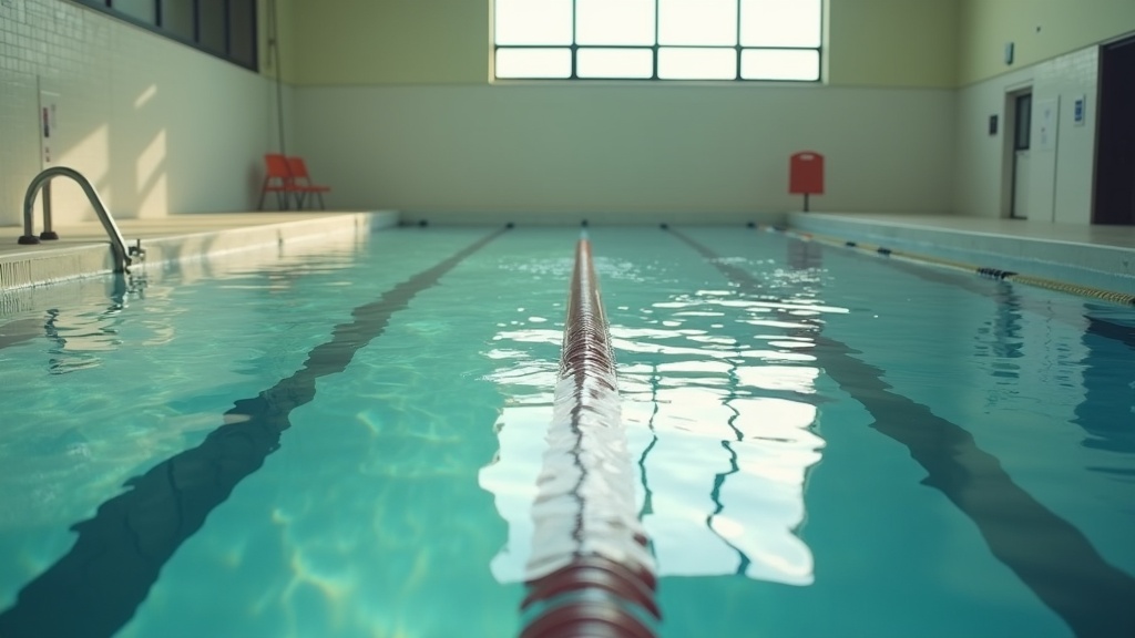 Indoor competition pool seen from the side of an empty lane in the cool blue lig