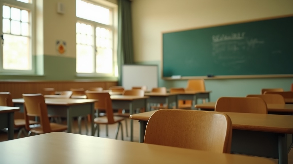 Empty primary school classroom in soft late-afternoon light filtering through ta