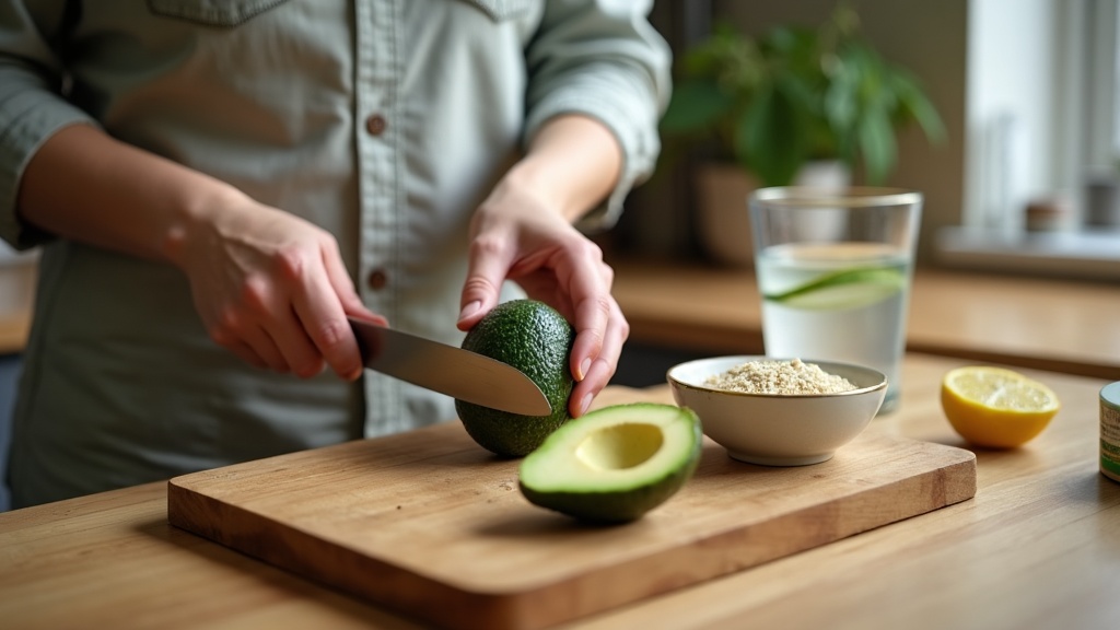 Hands of an adult, no identifiable face, gently slicing a ripe avocado on a wood