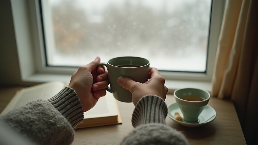 Lifestyle scene shot from behind: two hands cradling a warm ceramic mug of herba