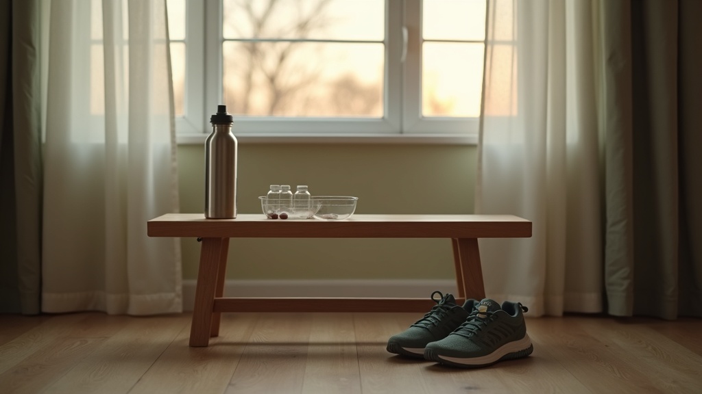 Lifestyle context shot at dawn: a runner's empty wooden bench by a window, a sta