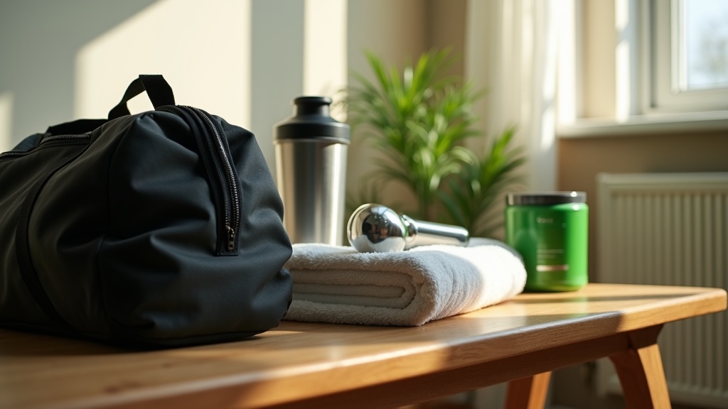 Lifestyle context shot in a sunlit home gym corner: a black canvas gym duffel sl
