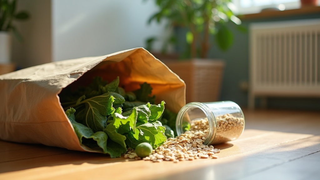 Documentary lifestyle shot of a paper grocery bag tipped on its side on a wooden