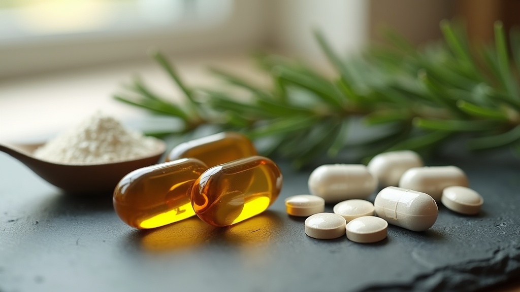 Tight macro close-up of three amber EPA-dominant fish oil softgels next to a sma