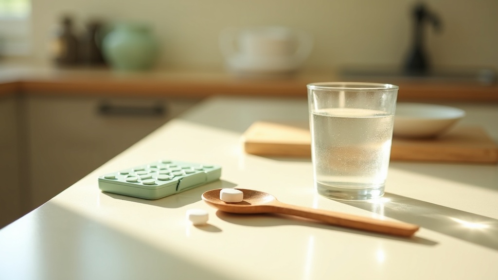 Lifestyle context still-life, eye-level on a sunlit kitchen counter: a glass of