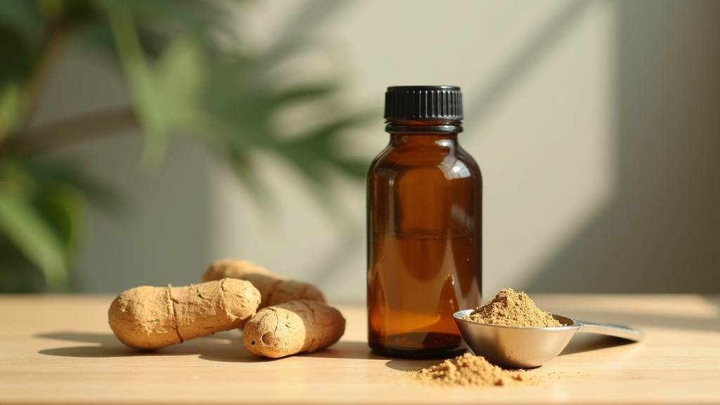 Daylight documentary still life of a small amber glass supplement bottle (label