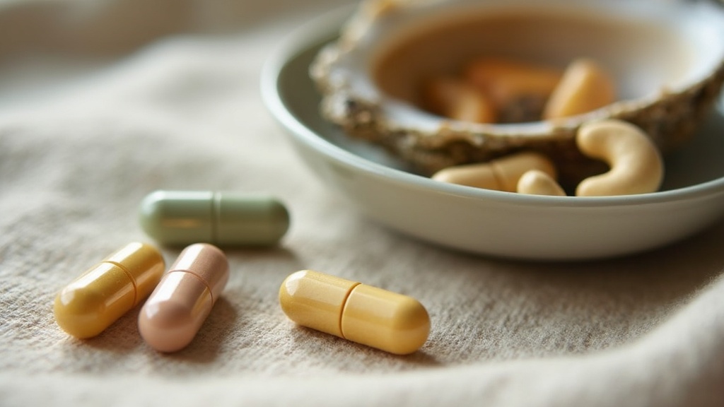 Daylight documentary photo of three unlabeled supplement capsules in different c
