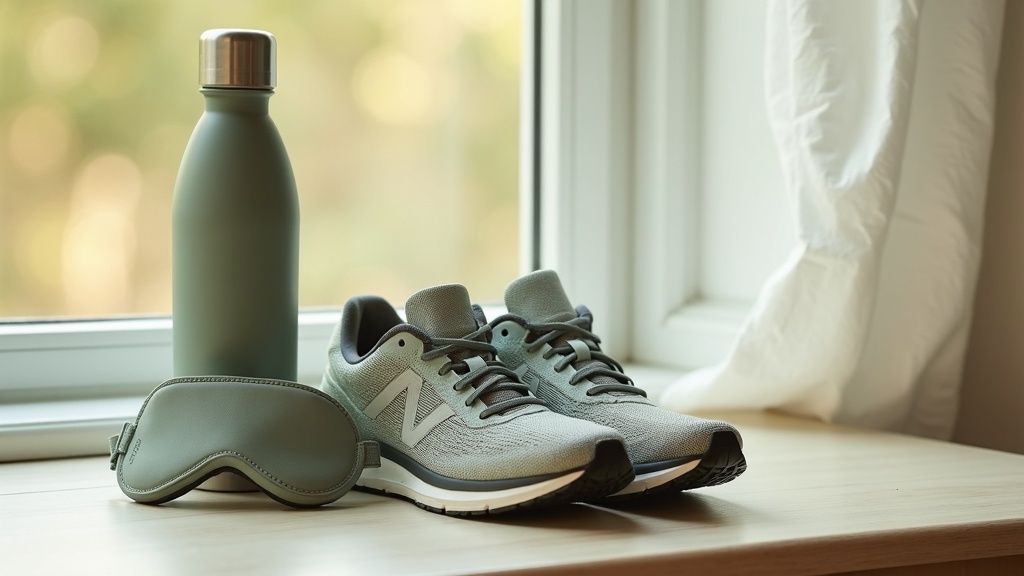 Daylight documentary lifestyle still life of a folded set of running shoes, a st
