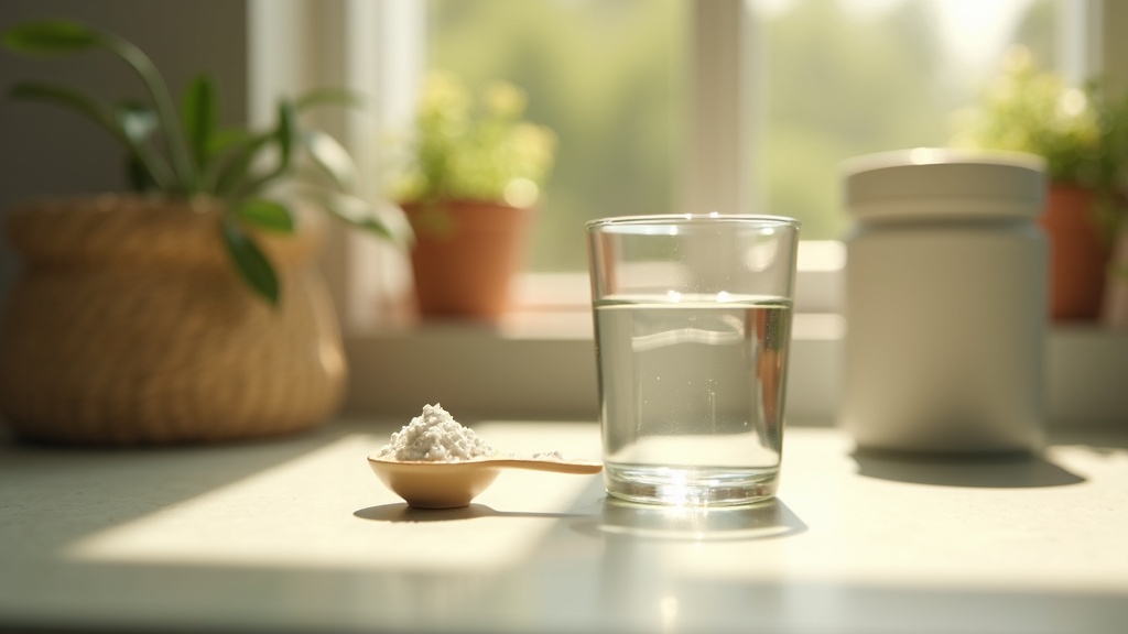 Lifestyle context still-life, eye-level on a sunlit kitchen counter: a glass of
