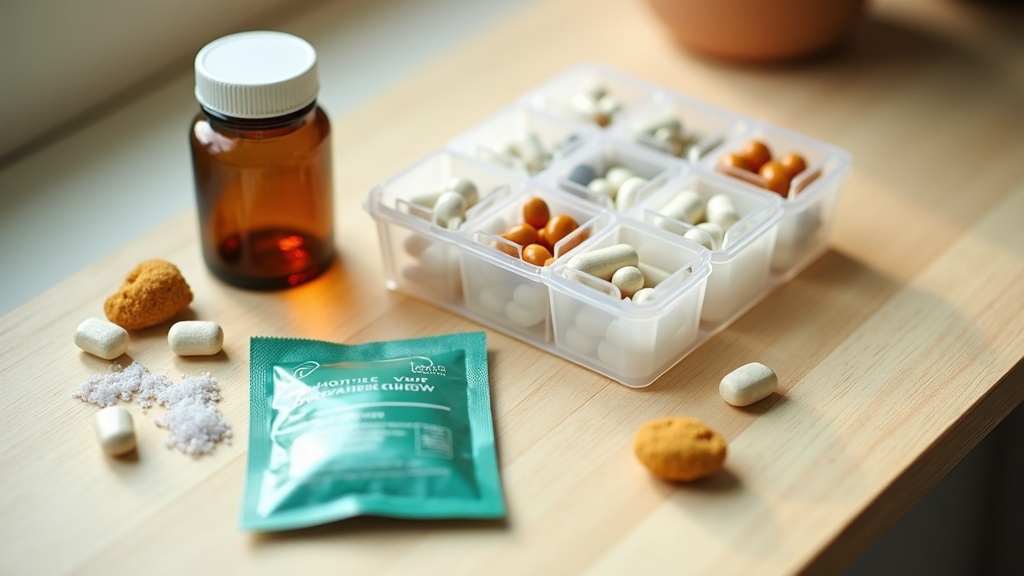 Overhead close-up on a pale oak surface: a translucent 7-day pill organizer with