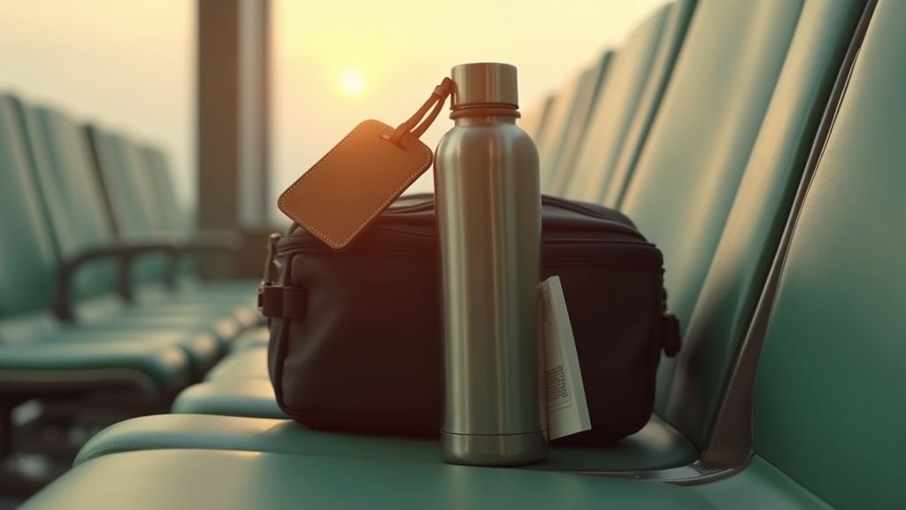 A weathered airport waiting-area bench at golden hour: a soft-leather luggage ta