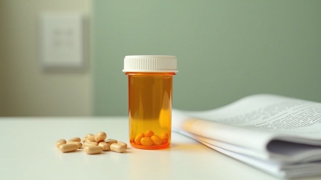 Daylight documentary still life of an amber prescription-style bottle beside a s