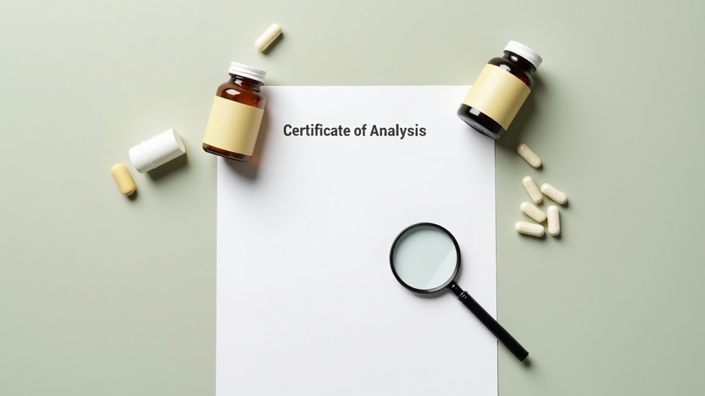 Overhead daylight photo of a Certificate of Analysis printout next to two supple