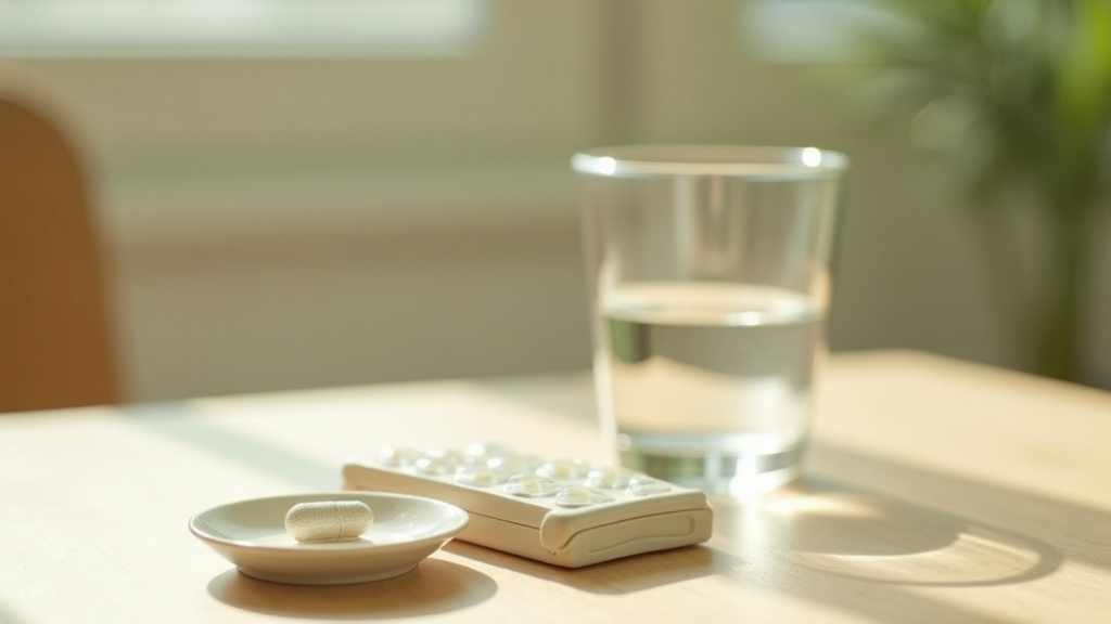 Natural daylight kitchen-table scene with a glass of water, a single pale capsul