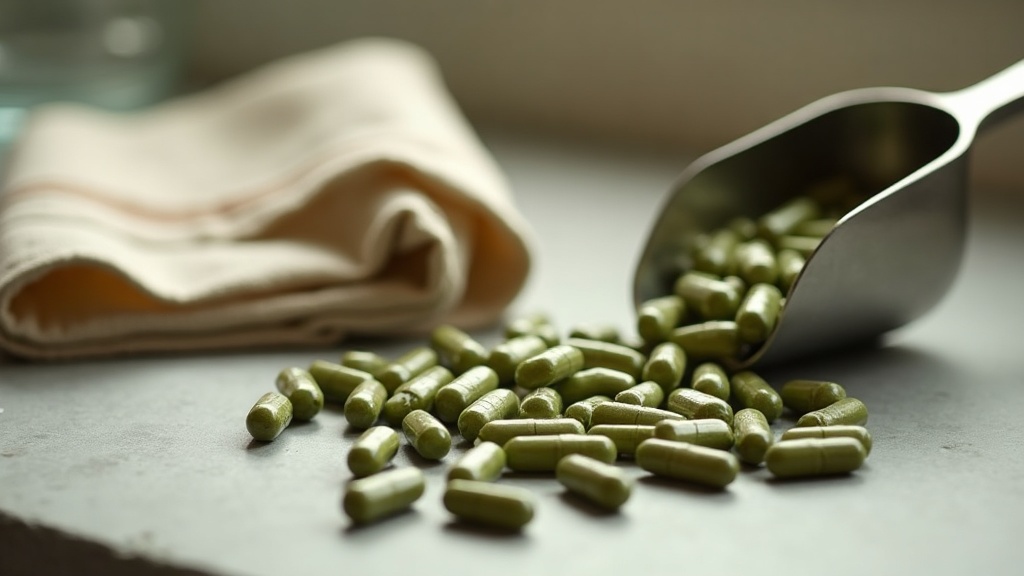 Tight macro close-up of a small pile of olive-green vegetarian capsules spilling