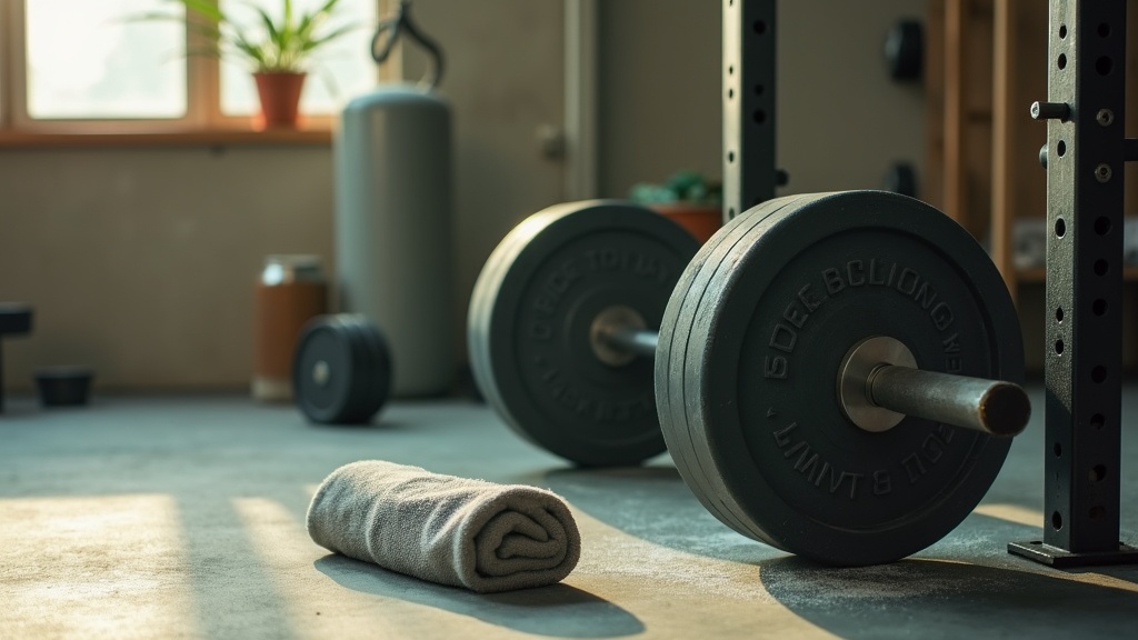 Lifestyle context shot of an empty steel barbell loaded with two plates resting 